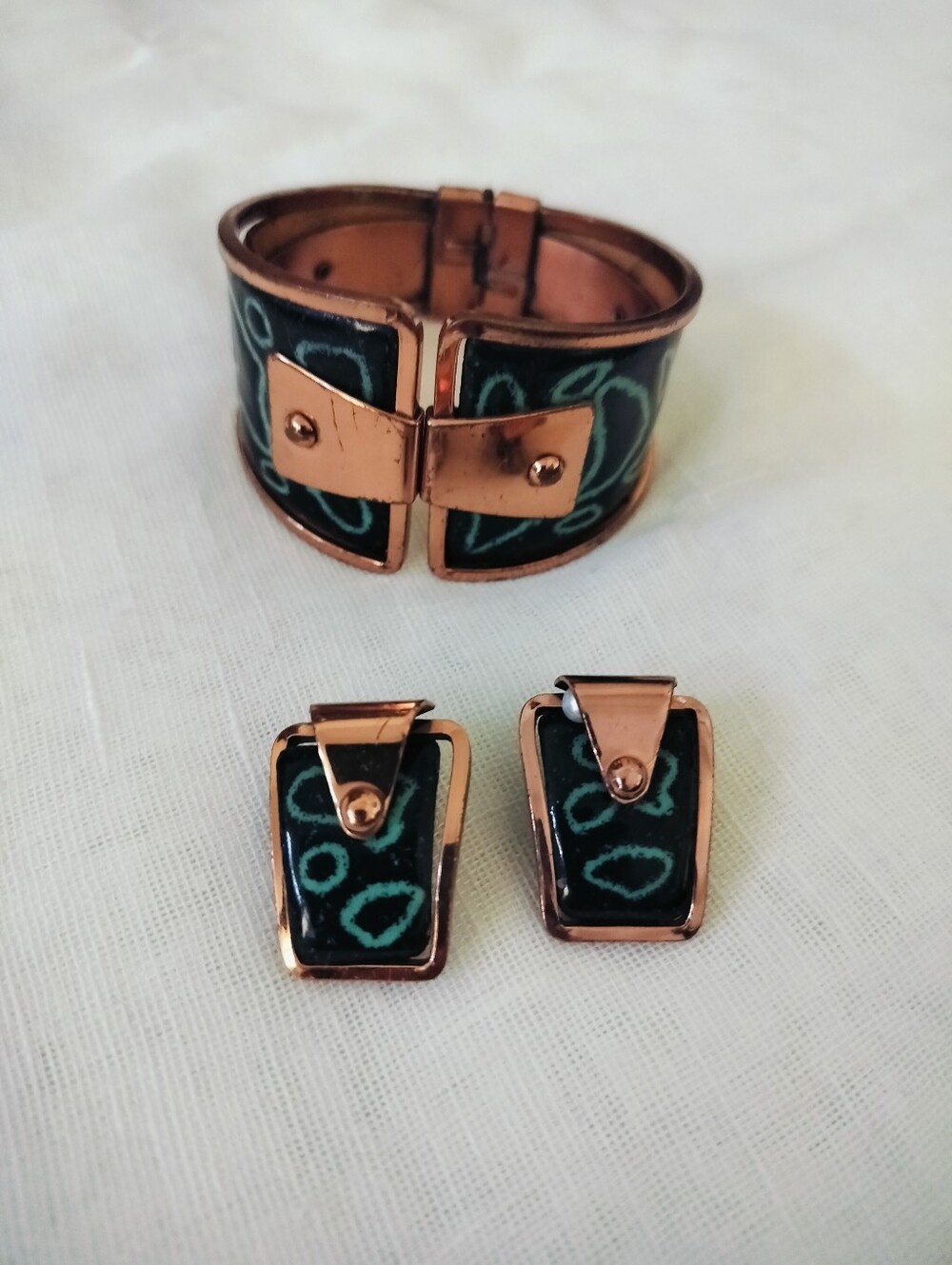 Vintage Signed Matisse Renoir Copper & Enamel Cuff Bracelet & Clip-On Earrings